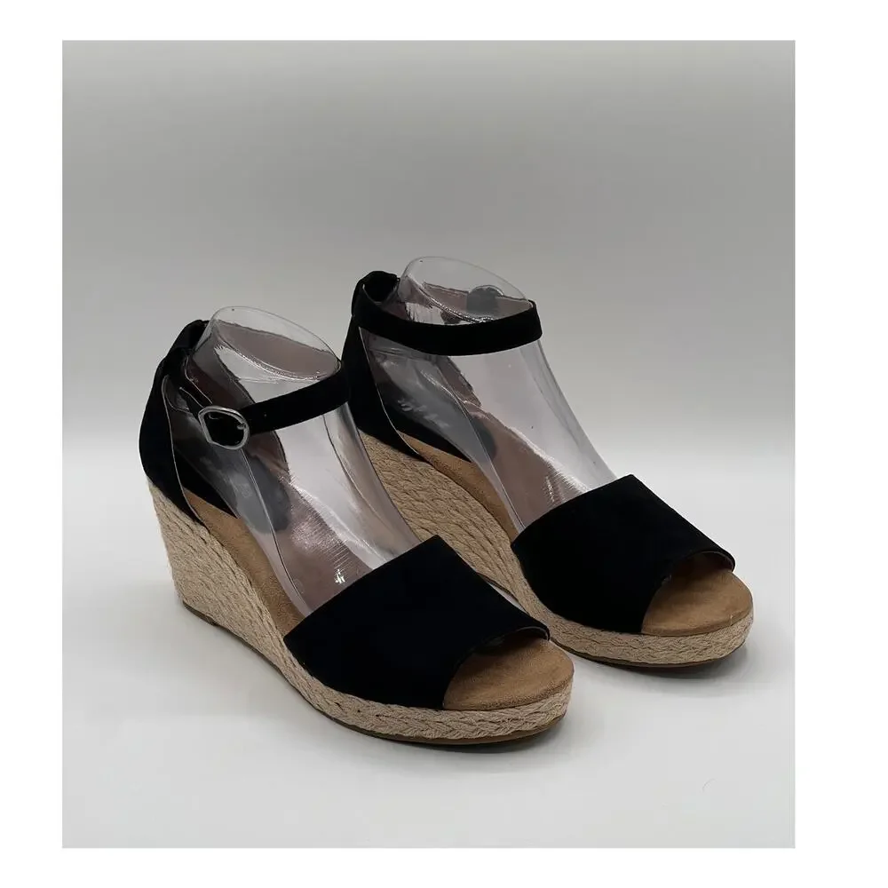 STYLE & CO WOMEN'S SELEENEY FAUX SUEDE WEDGE SANDALS BLACK 10W NEW